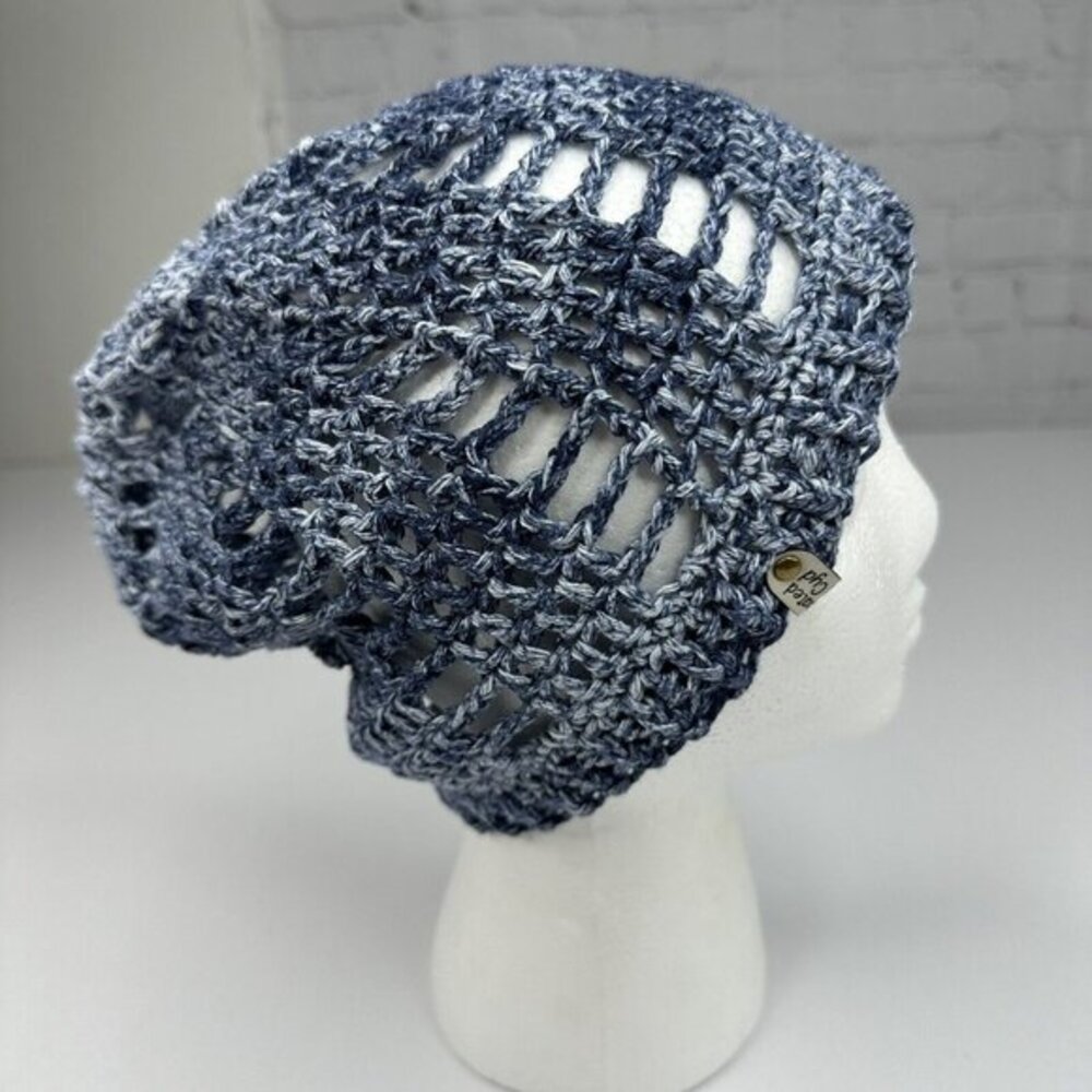 Created By Cyd Slouchy Snoody Beanie Denim Splash Blue Crochet Cotton Hat NEW
